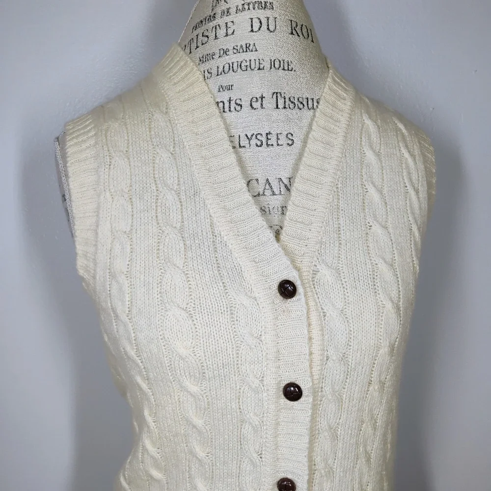 Vtg De Mura Cable Knit Sweater Vest Womens Small Cream Wool Academia Preppy